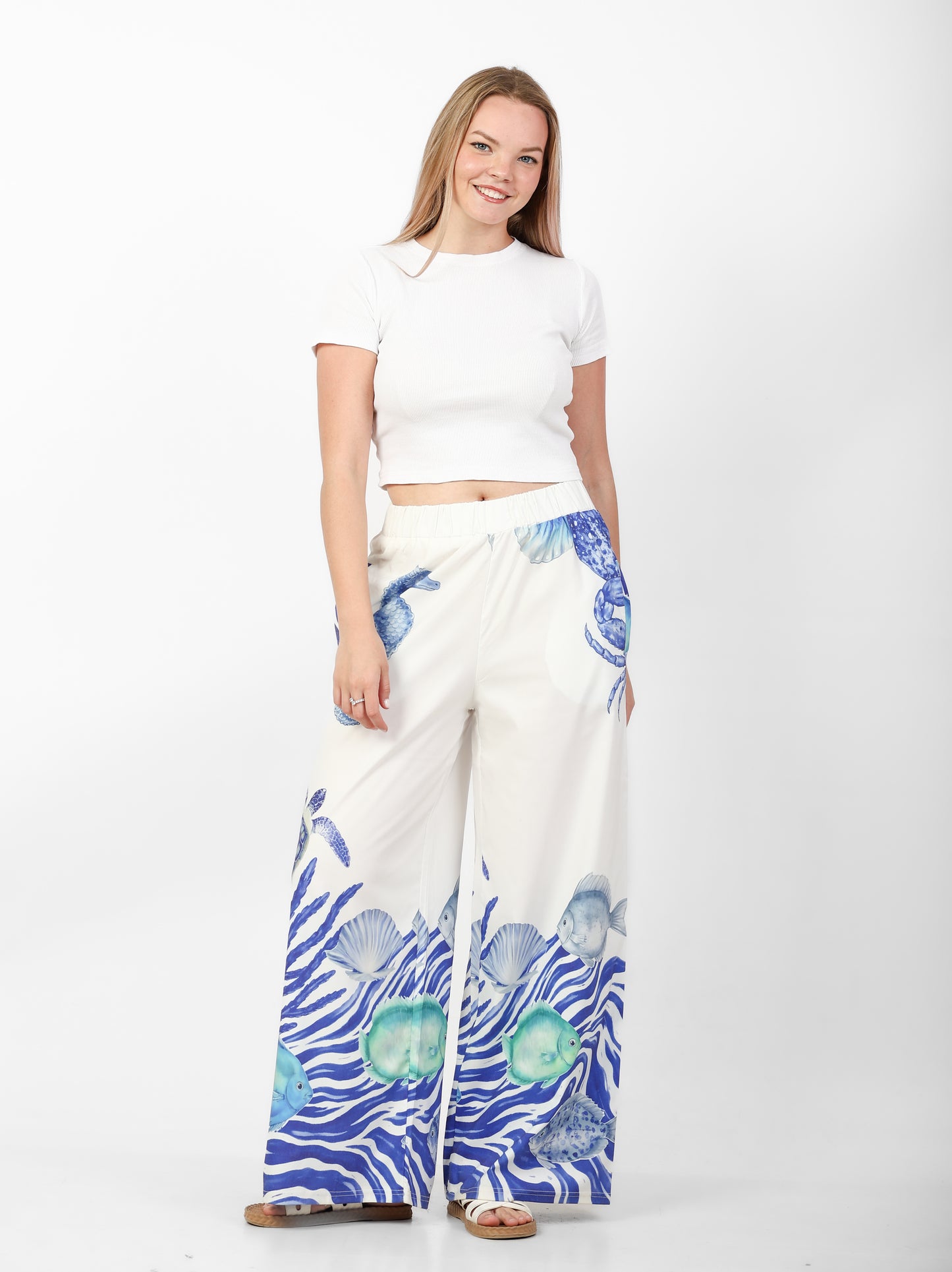 Ocean Print Wide-Leg Pants