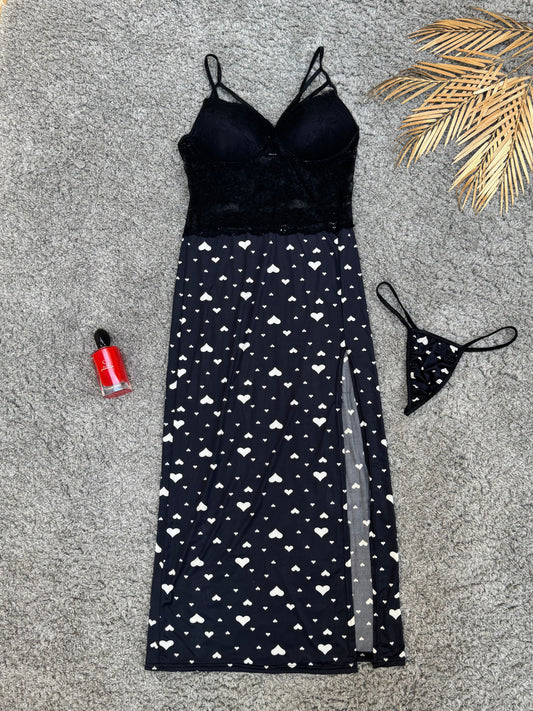 Chic Black & Red Dress with Heart Patterns