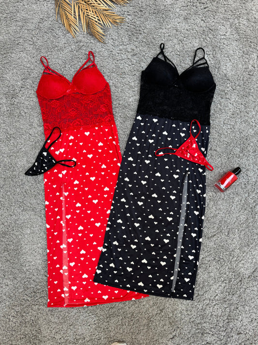 Chic Black & Red Dress with Heart Patterns