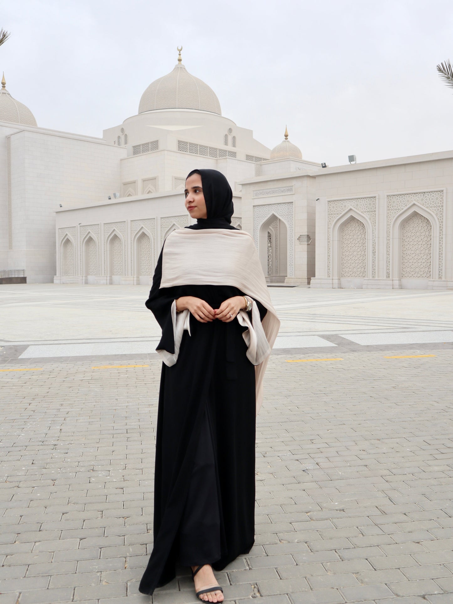 Elegant Open Abaya with Organza Shawl